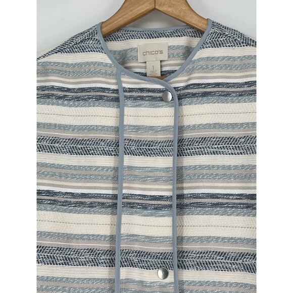 NWT Chico’s Jacket Ocean‎ Stripe 3/4 Sleeve Snap Zip Closure Zip Pockets Size M - Picture 4 of 10